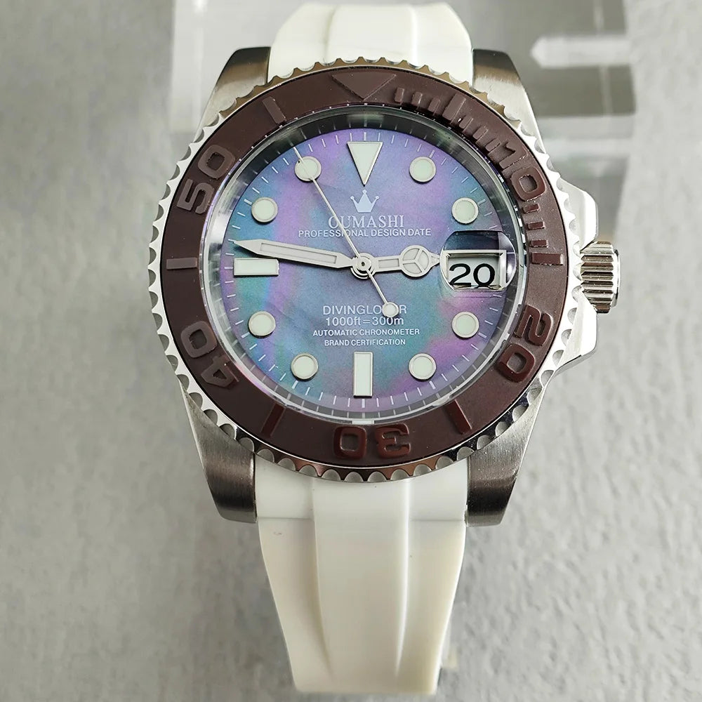 OUMASHI 40mm Mother of-pearl dial NH35 Automatic Mechanical Watch Diver gradient luminous stainless steel case sapphire glass