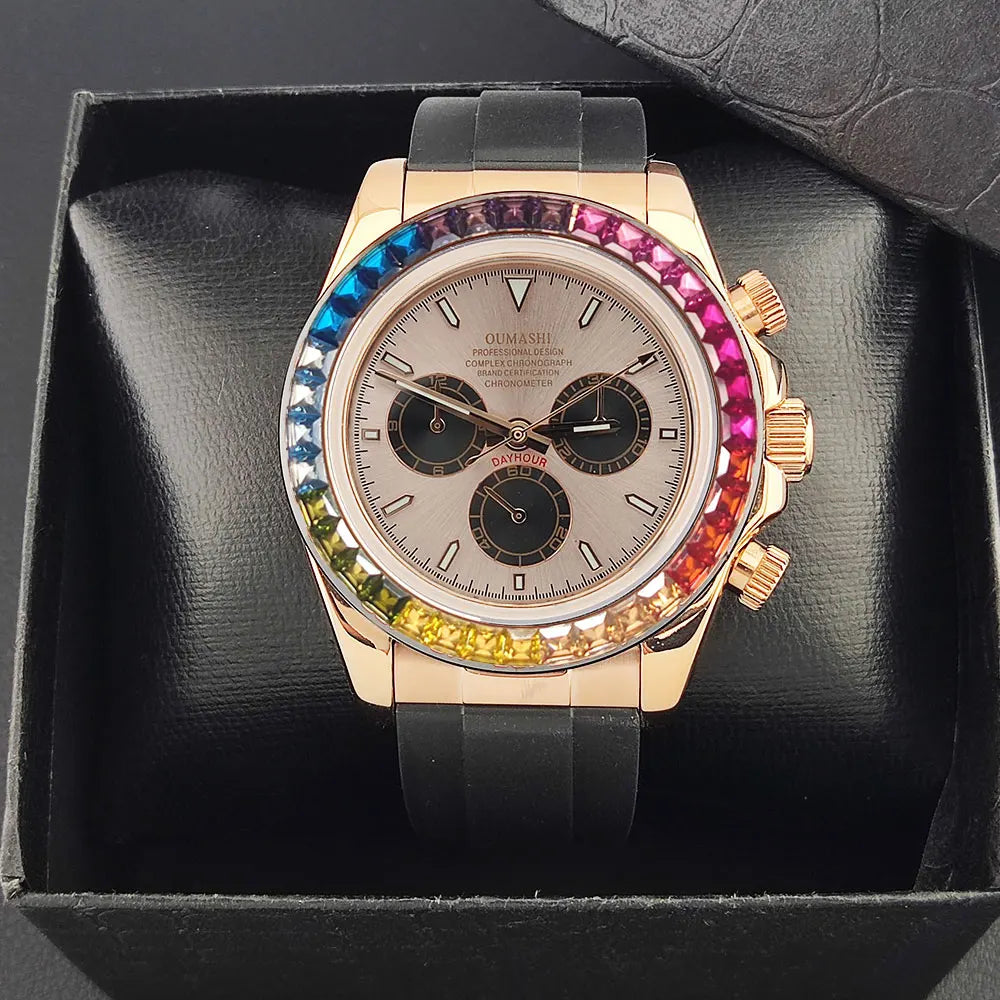Men watches GEM Automatic Watch 39mm 4130 Chronograph Mechanical Wristwatch Sapphire Rubber bracelet Waterproof 10ATM 7750 watch