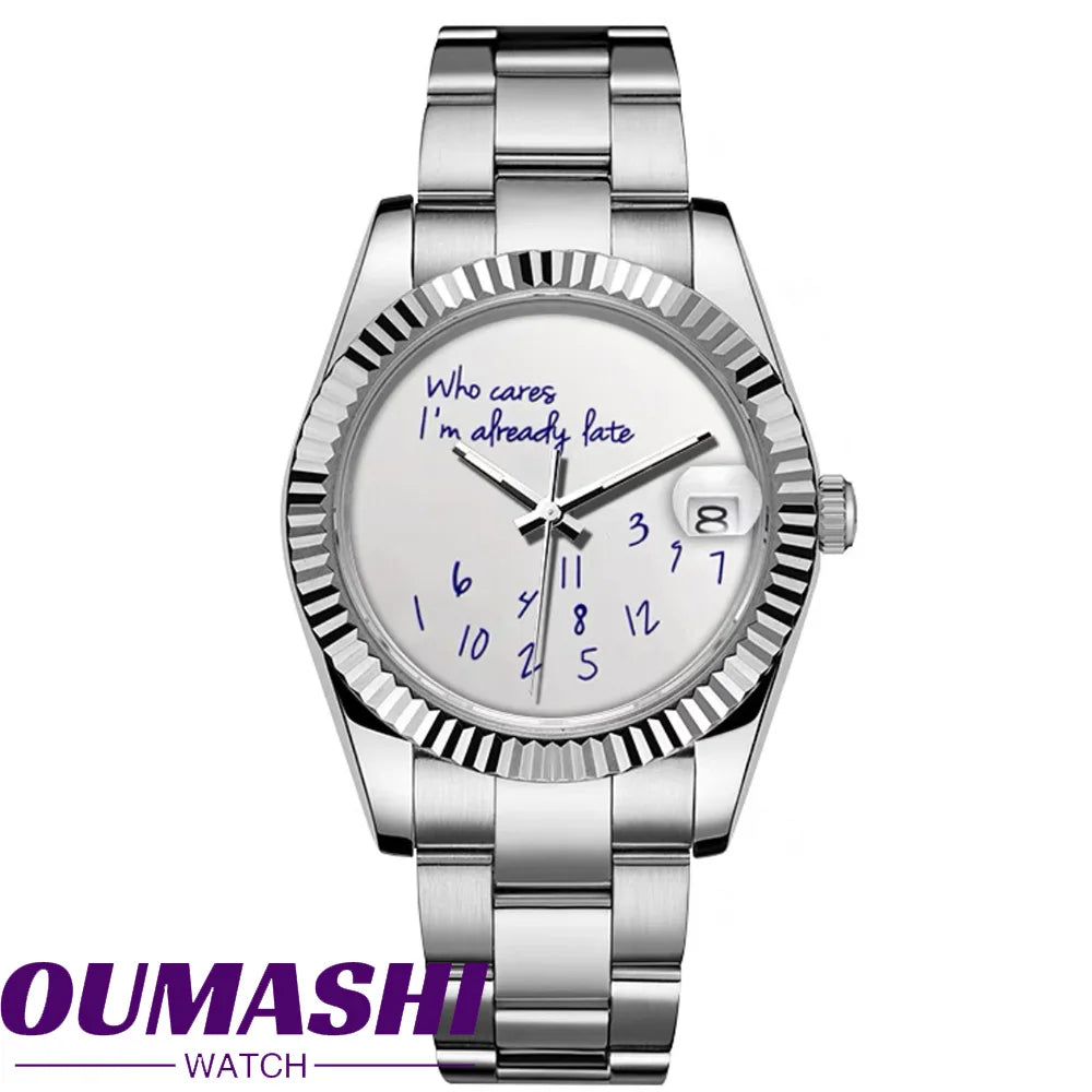 Watch NH series 35 36mm/39mm case Who cares im already late Watch No Logo dial Blue Text Dial Sapphire Glass Luxury men'watch