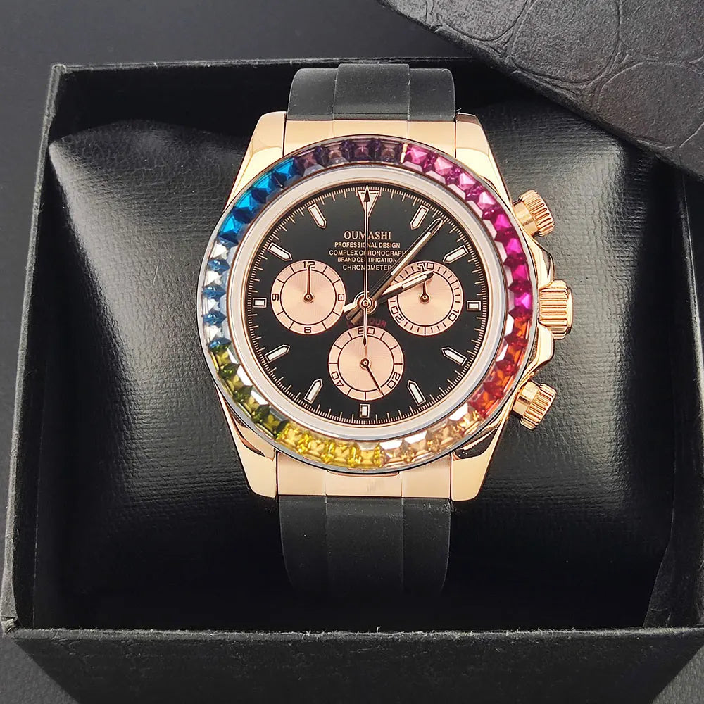 Men watches GEM Automatic Watch 39mm 4130 Chronograph Mechanical Wristwatch Sapphire Rubber bracelet Waterproof 10ATM 7750 watch