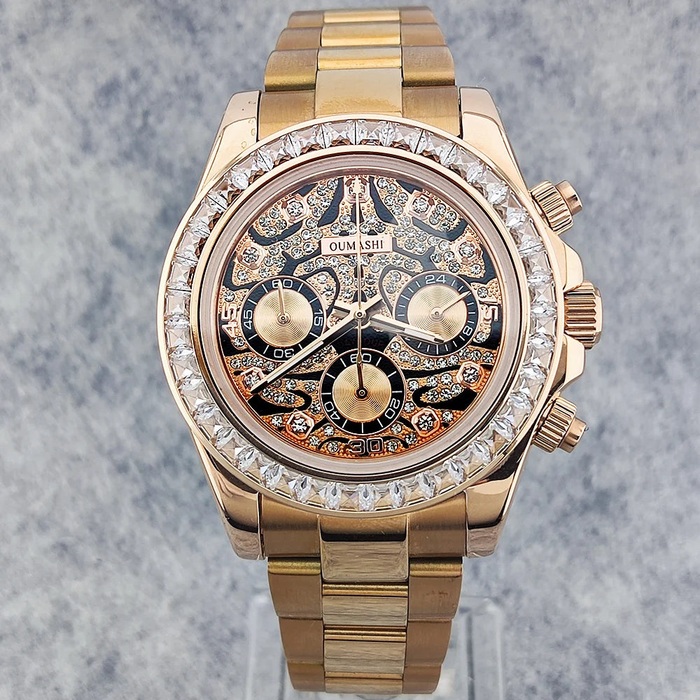 39.3mm Luxury men's Watch VK63 Dial Gemstone Men's Brand Chronograph VK63 sapphire glass Tiger diamond dial