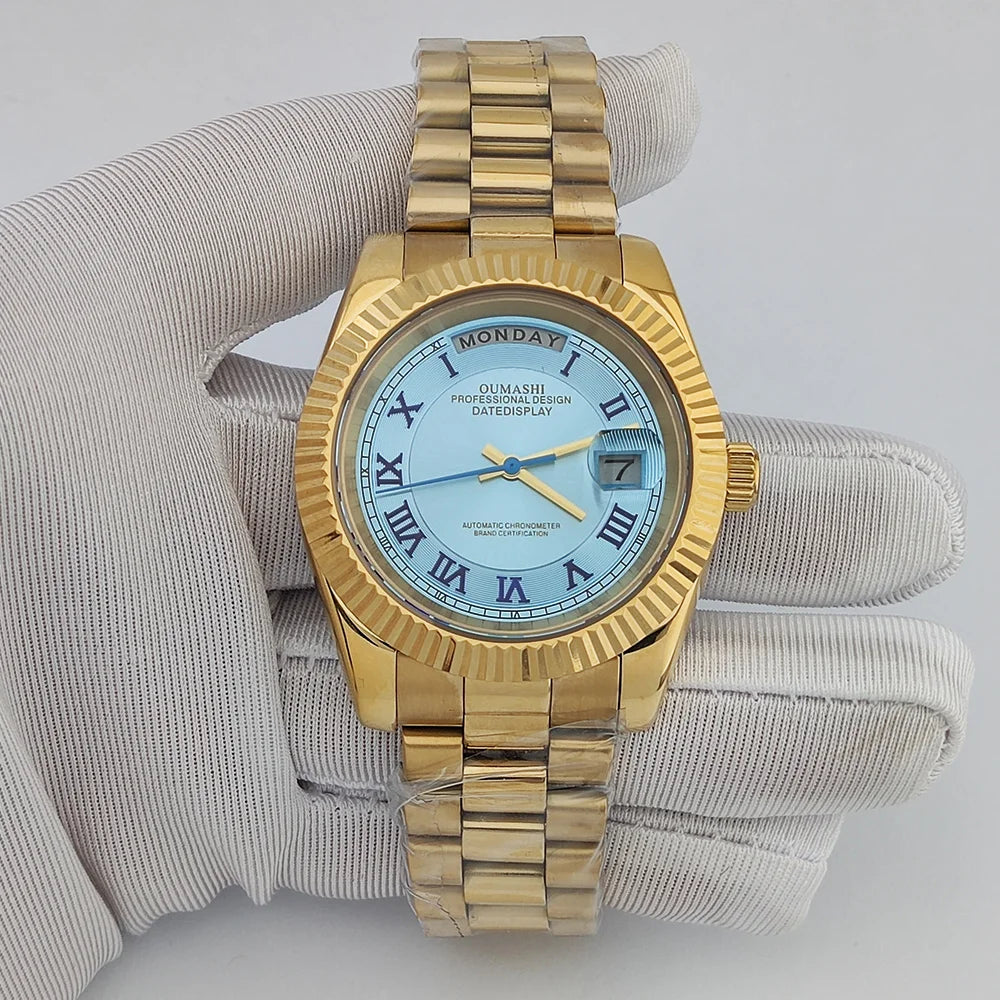 39mm OUMASHI WATCH men's mechanical watch sky blue Roman dial luxury automatic watch men's Japan MIYOTA 8285 sapphire crystal