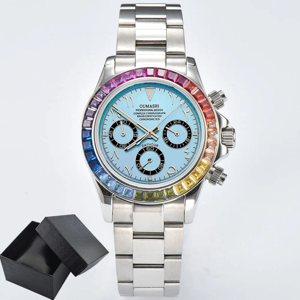 VK63 watch Rainbow Bezel Sport Watch Men Arabic Quartz Stainless Steel 10ATM Waterproof Mens Watch VK63 Sapphire Chronograph