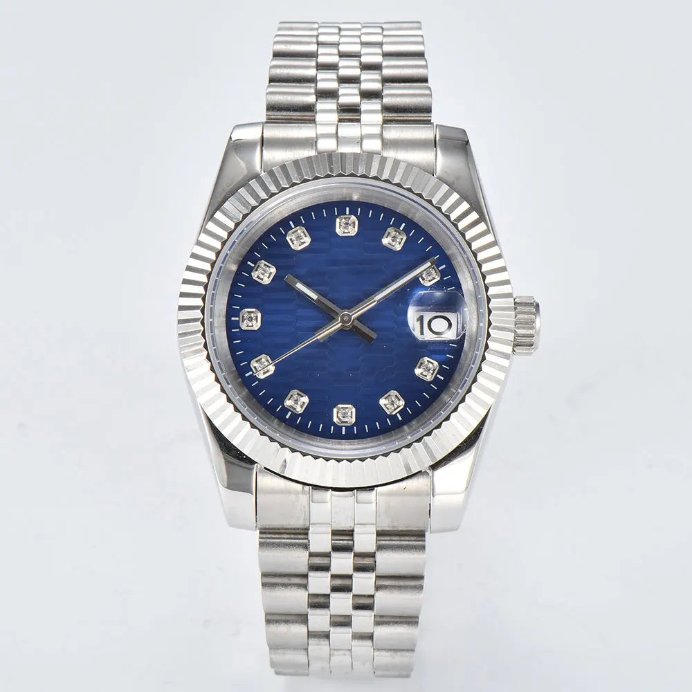 Men's 36mm/39mm Watches NH35 Automatic Movement Silver Case White Dial Blue AR Sapphire Glass Date Stainless Steel Strap