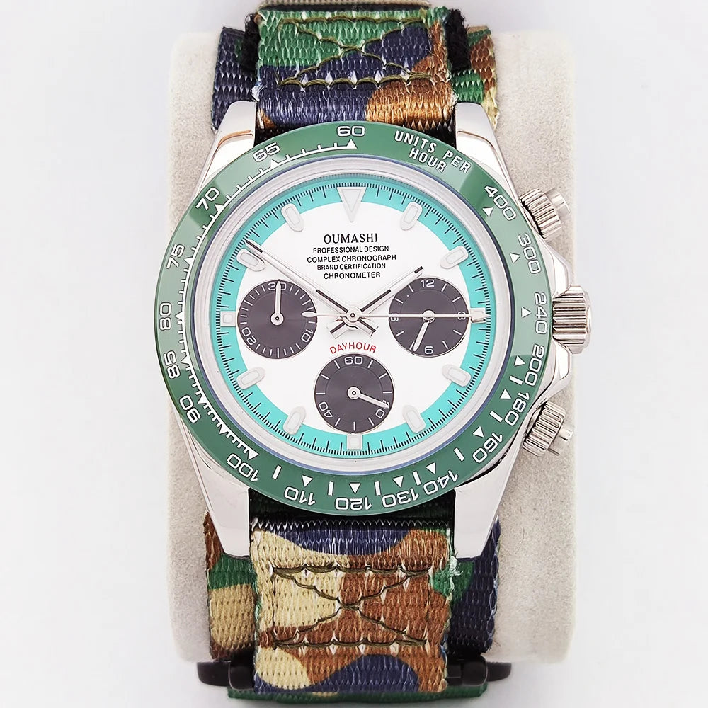 Men's Sports Quartz WatchVK63 Chronograph Sapphire Glass Intense Stainless Steel Green Luminance Waterproof  10BAR Velcro strap