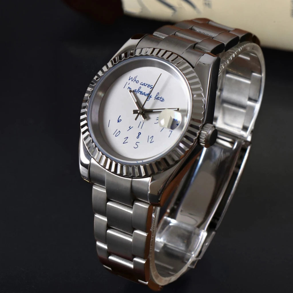 Watch NH series 35 36mm/39mm case Who cares im already late Watch No Logo dial Blue Text Dial Sapphire Glass Luxury men'watch