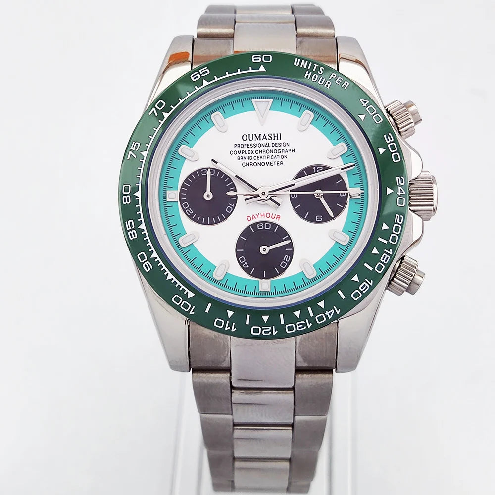 Men's Sports Quartz WatchVK63 Chronograph Sapphire Glass Intense Stainless Steel Green Luminance Waterproof  10BAR Velcro strap