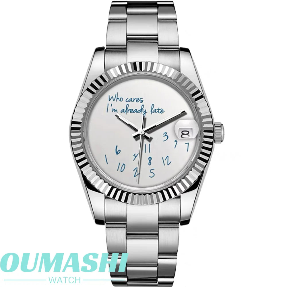 Watch NH series 35 36mm/39mm case Who cares im already late Watch No Logo dial Blue Text Dial Sapphire Glass Luxury men'watch