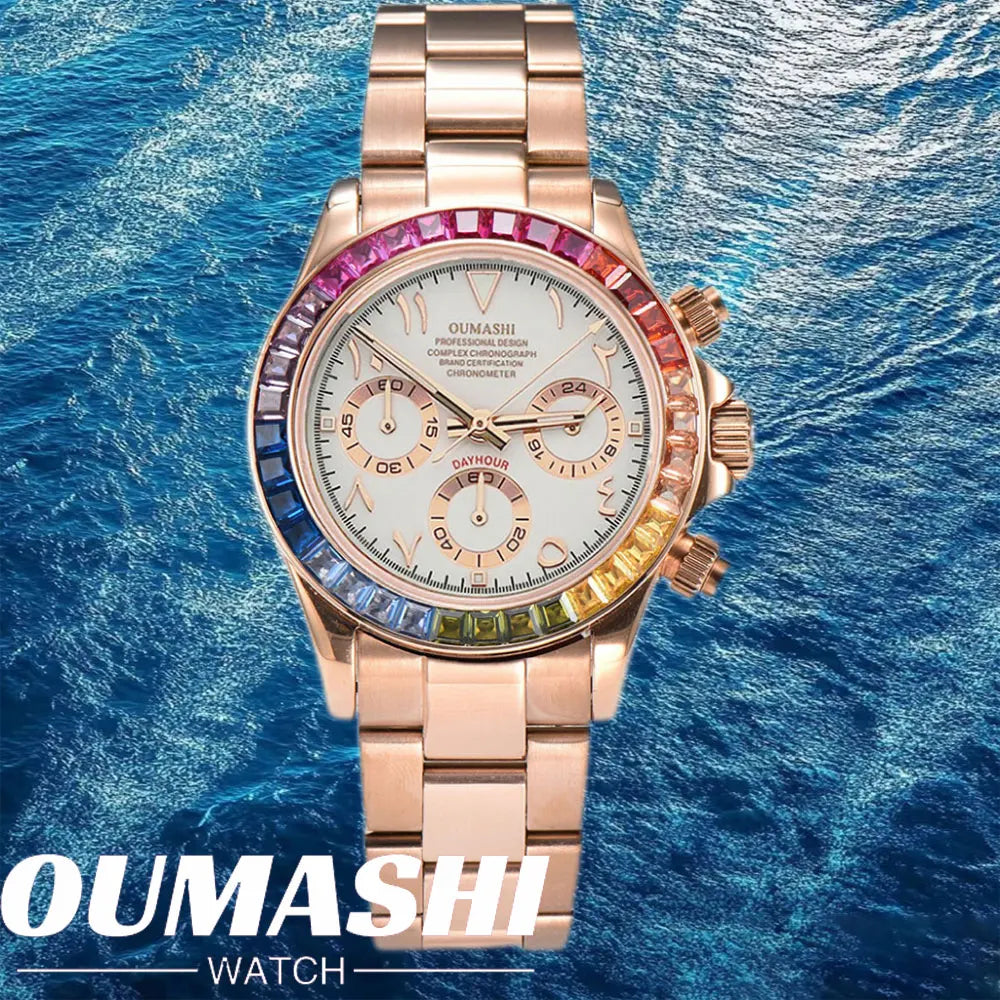 39.3mm vk63 Watches Luxury Watch Men's Chronograph Arabia watch Rainbow bezel Watch Men's VK63 Men's  Waterproof 10ATM