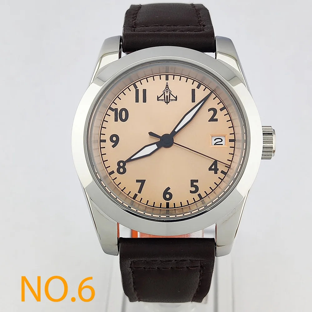 39mm Men's Business Watch NH35A 10bar Automatic Dive Pilot Men's Watch sapphire Glass dial Multicolor leather strap Spiral crown