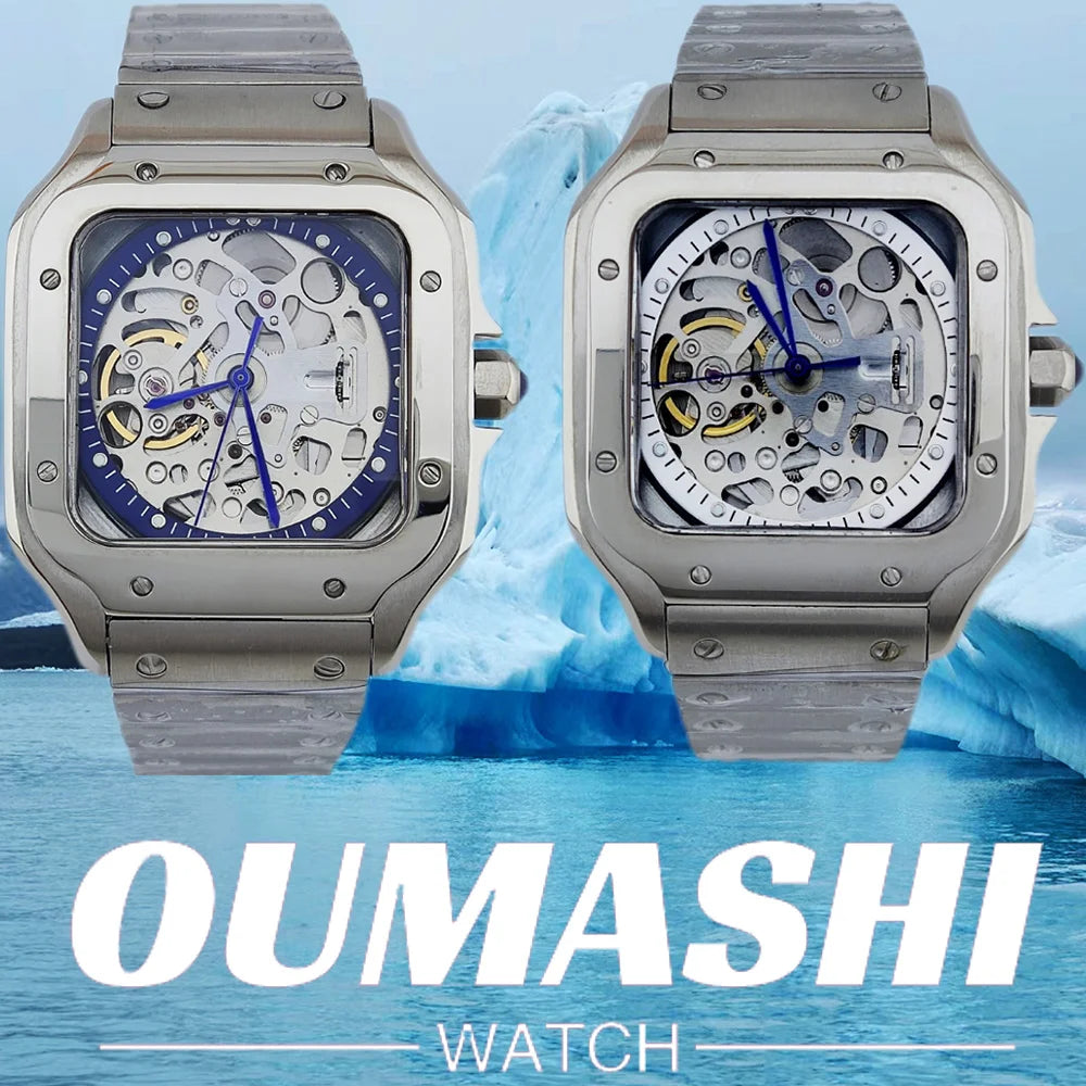 Men's mechanical watch, caliber NH70 movement, hollow dial, mineral glass watch, 38 mm, stylish cool man square watch waterproof