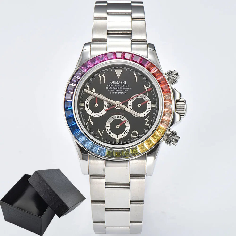 VK63 watch Rainbow Bezel Sport Watch Men Arabic Quartz Stainless Steel 10ATM Waterproof Mens Watch VK63 Sapphire Chronograph