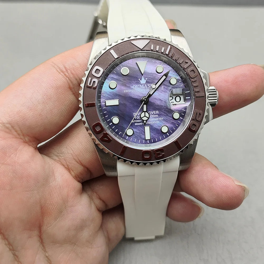 OUMASHI 40mm Mother of-pearl dial NH35 Automatic Mechanical Watch Diver gradient luminous stainless steel case sapphire glass