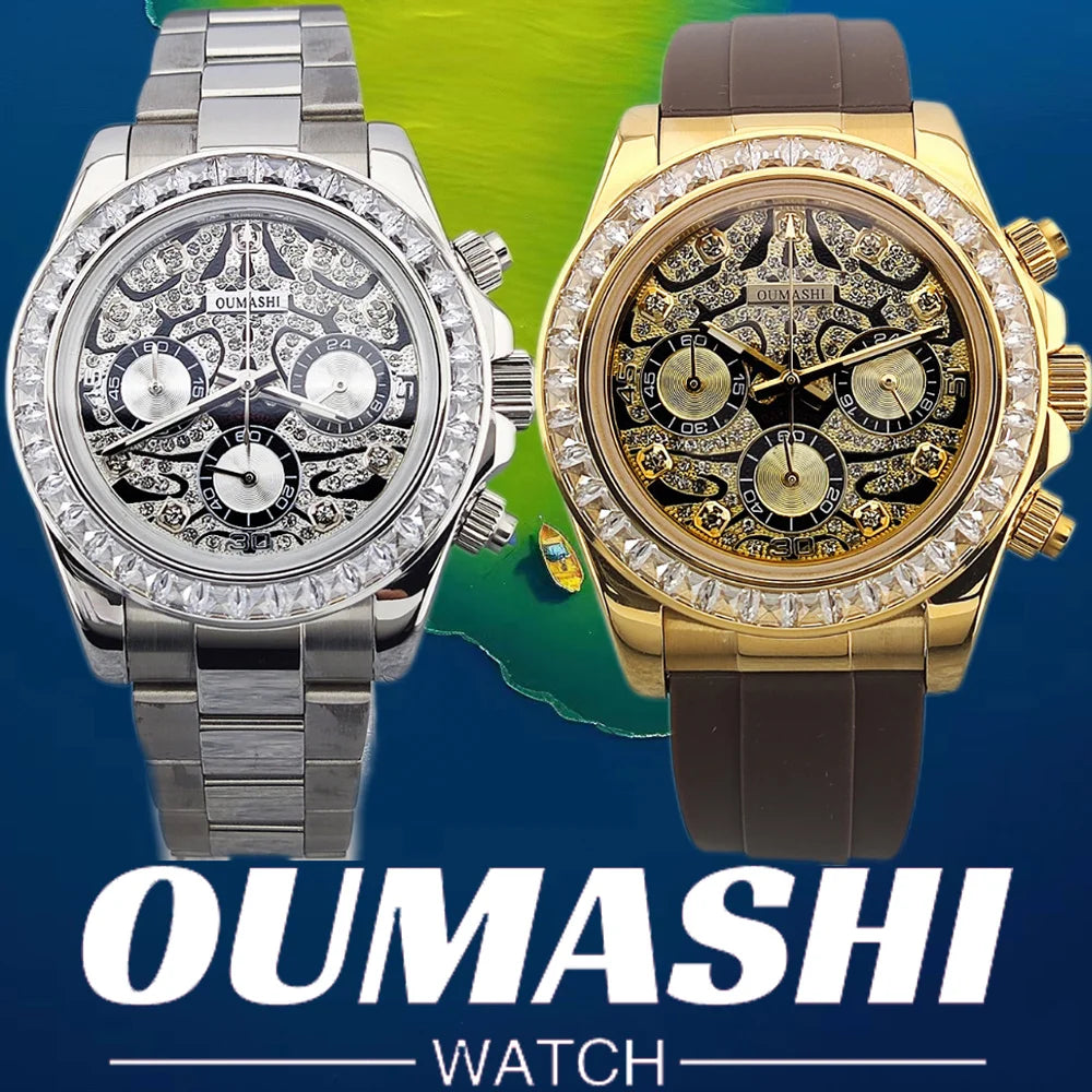 39.3mm Luxury men's Watch VK63 Dial Gemstone Men's Brand Chronograph VK63 sapphire glass Tiger diamond dial