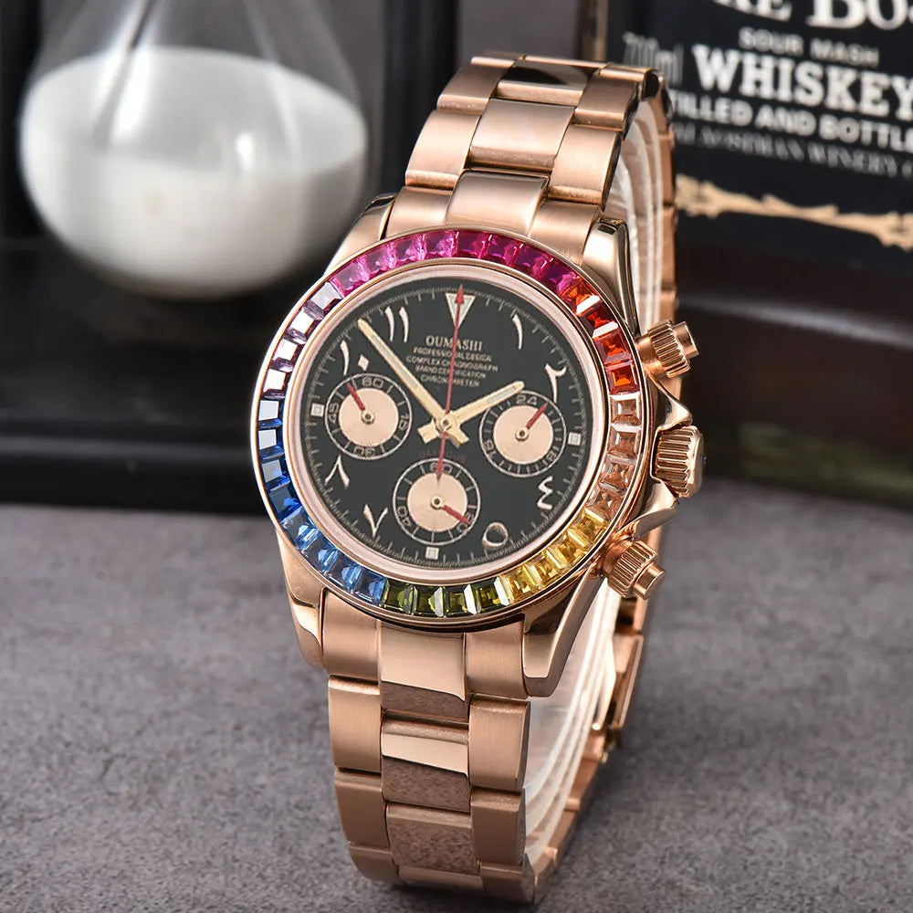 39.3mm vk63 Watches Luxury Watch Men's Chronograph Arabia watch Rainbow bezel Watch Men's VK63 Men's  Waterproof 10ATM