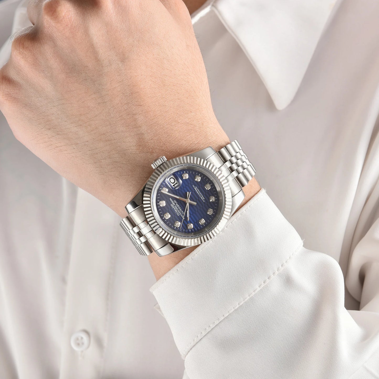 Men's 36mm/39mm Watches NH35 Automatic Movement Silver Case White Dial Blue AR Sapphire Glass Date Stainless Steel Strap