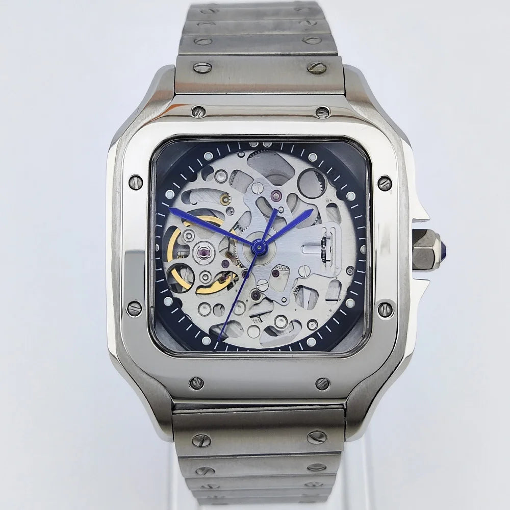 Men's mechanical watch, caliber NH70 movement, hollow dial, mineral glass watch, 38 mm, stylish cool man square watch waterproof