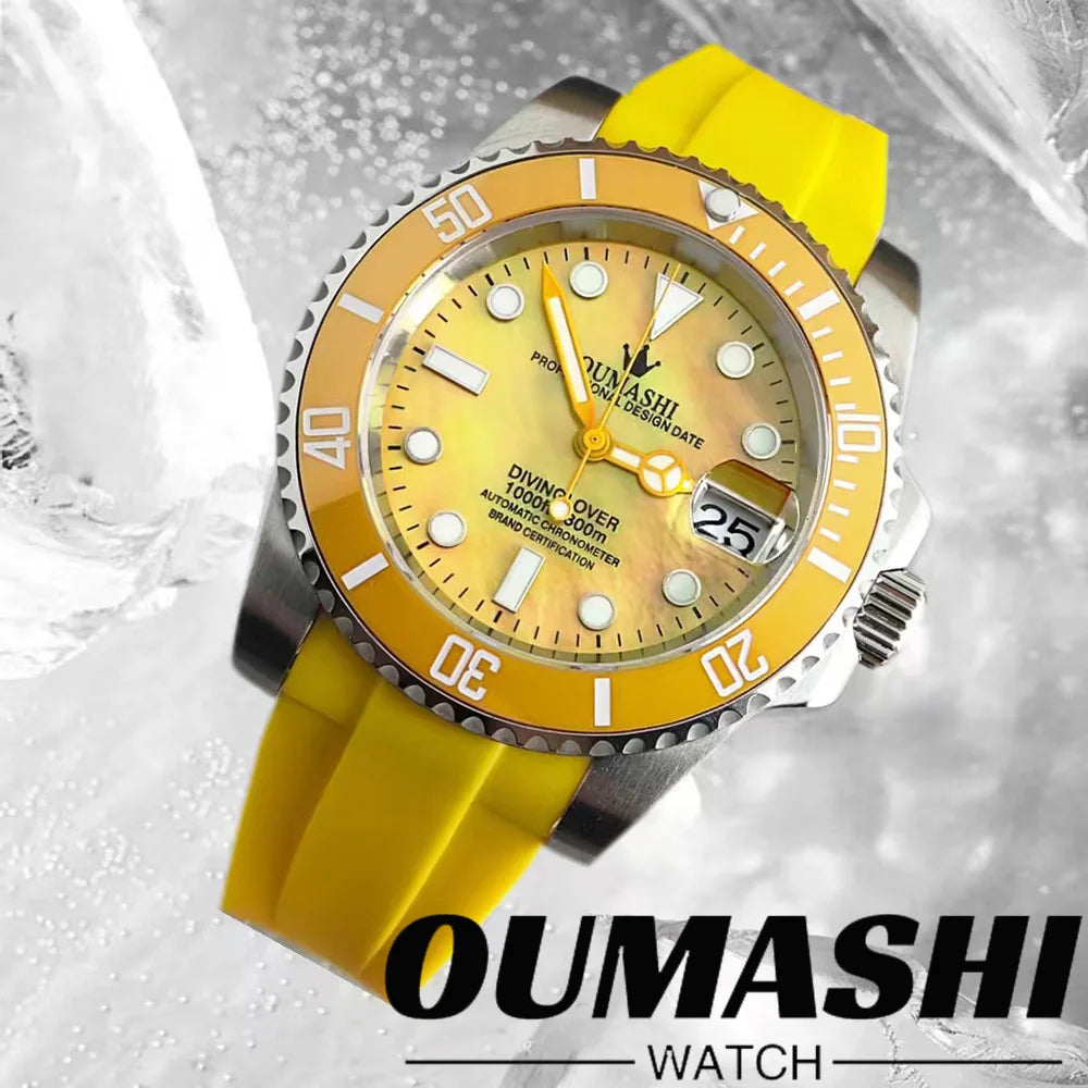 OUMASHI 40mm Mother of-pearl dial NH35 Automatic Mechanical Watch Diver gradient luminous stainless steel case sapphire glass