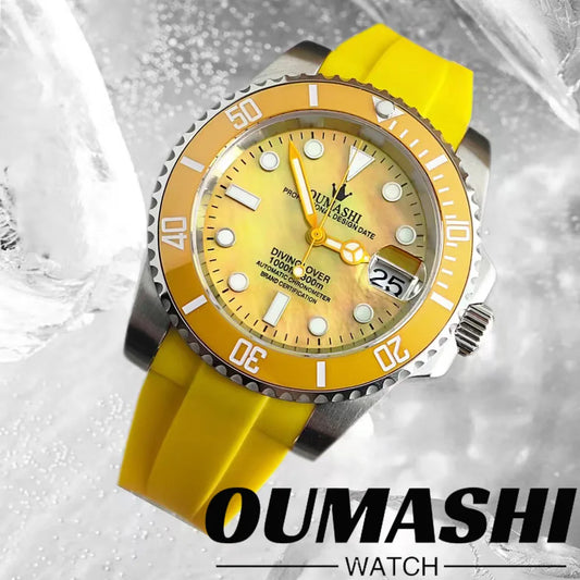 OUMASHI 40mm Mother of-pearl dial NH35 Automatic Mechanical Watch Diver gradient luminous stainless steel case sapphire glass
