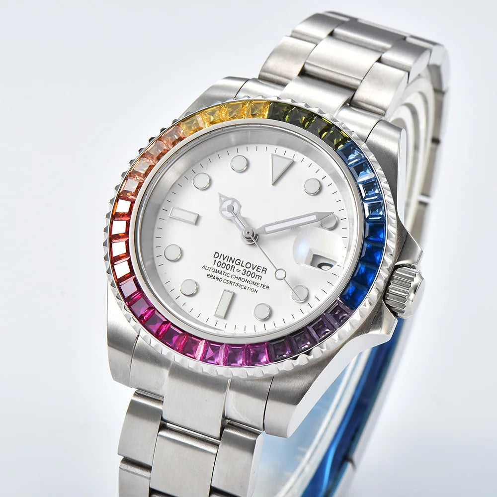 40mm Gem Diving Watch NH35 Movement waterproof sapphire glass luxury Men's NH35 Watch stainless steel strap blue green luminous