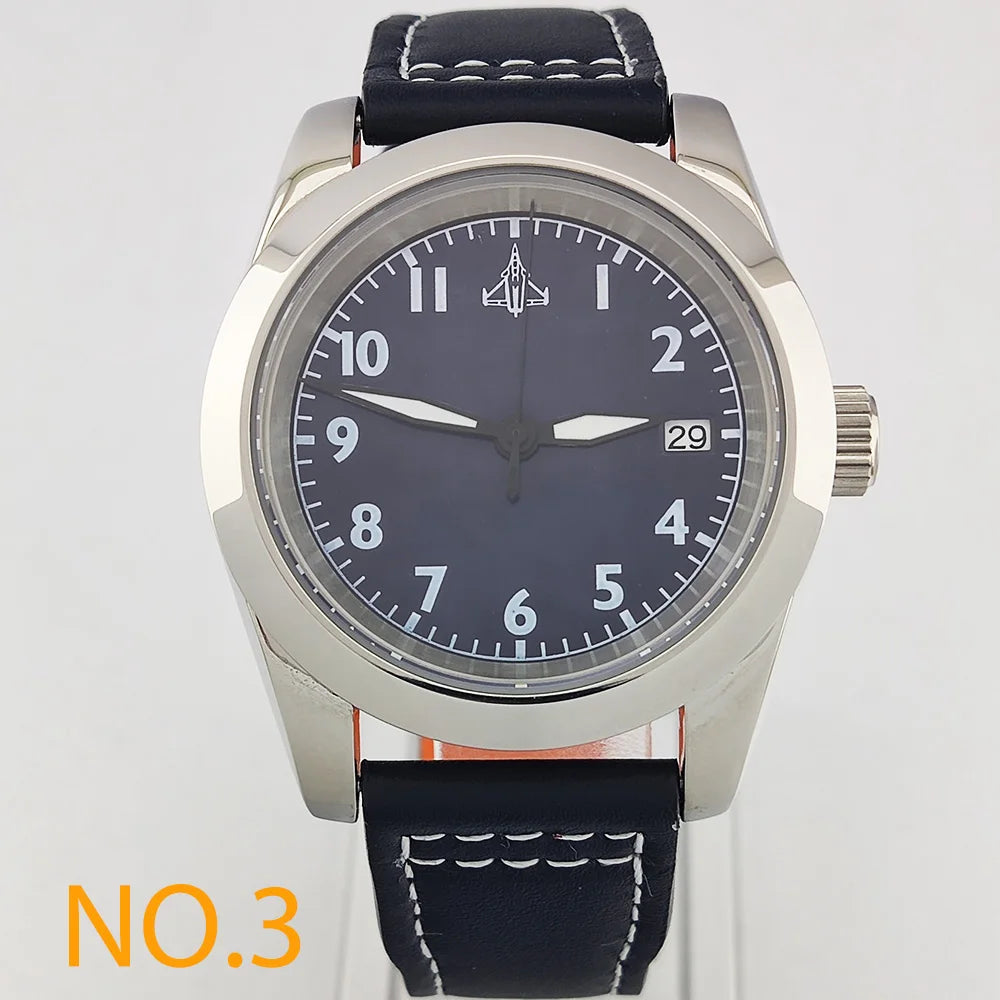 39mm Men's Business Watch NH35A 10bar Automatic Dive Pilot Men's Watch sapphire Glass dial Multicolor leather strap Spiral crown