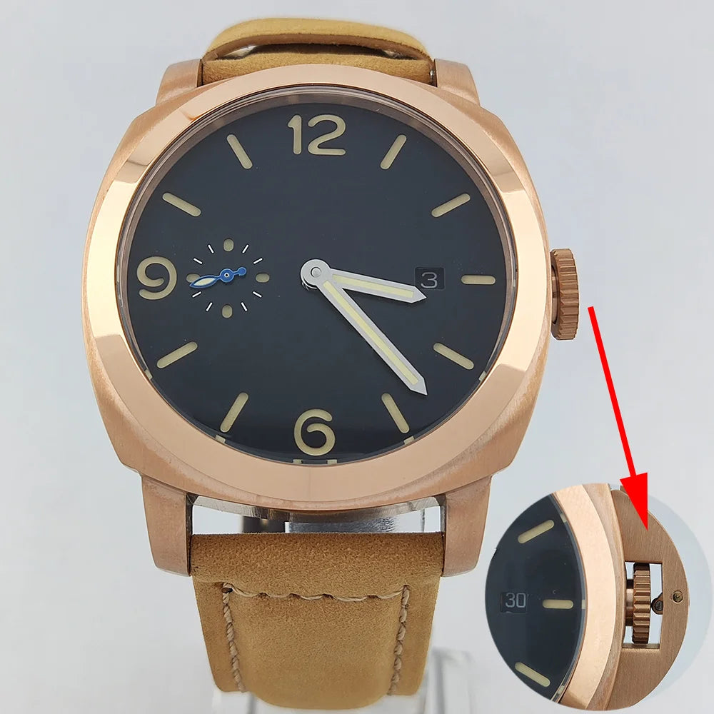 Watch 45mm ST2555 Movement Men's Watch Stainless steel Rose Gold case Vintage Mechanical Watch Mineral glass leather bracelet