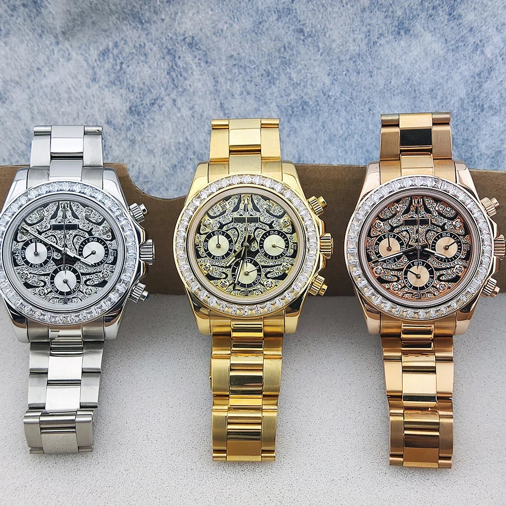 39.3mm Luxury men's Watch VK63 Dial Gemstone Men's Brand Chronograph VK63 sapphire glass Tiger diamond dial