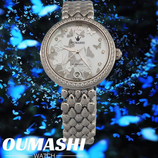 Women's Wristwatch Automatic Mechanical Watch Women Diamond Calendar Dial Stainless Steel Waterproof Luminous Elegant Butterfly