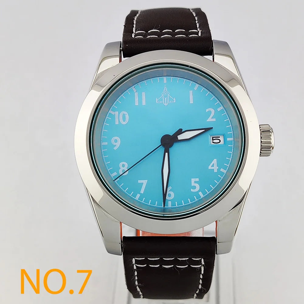 39mm Men's Business Watch NH35A 10bar Automatic Dive Pilot Men's Watch sapphire Glass dial Multicolor leather strap Spiral crown