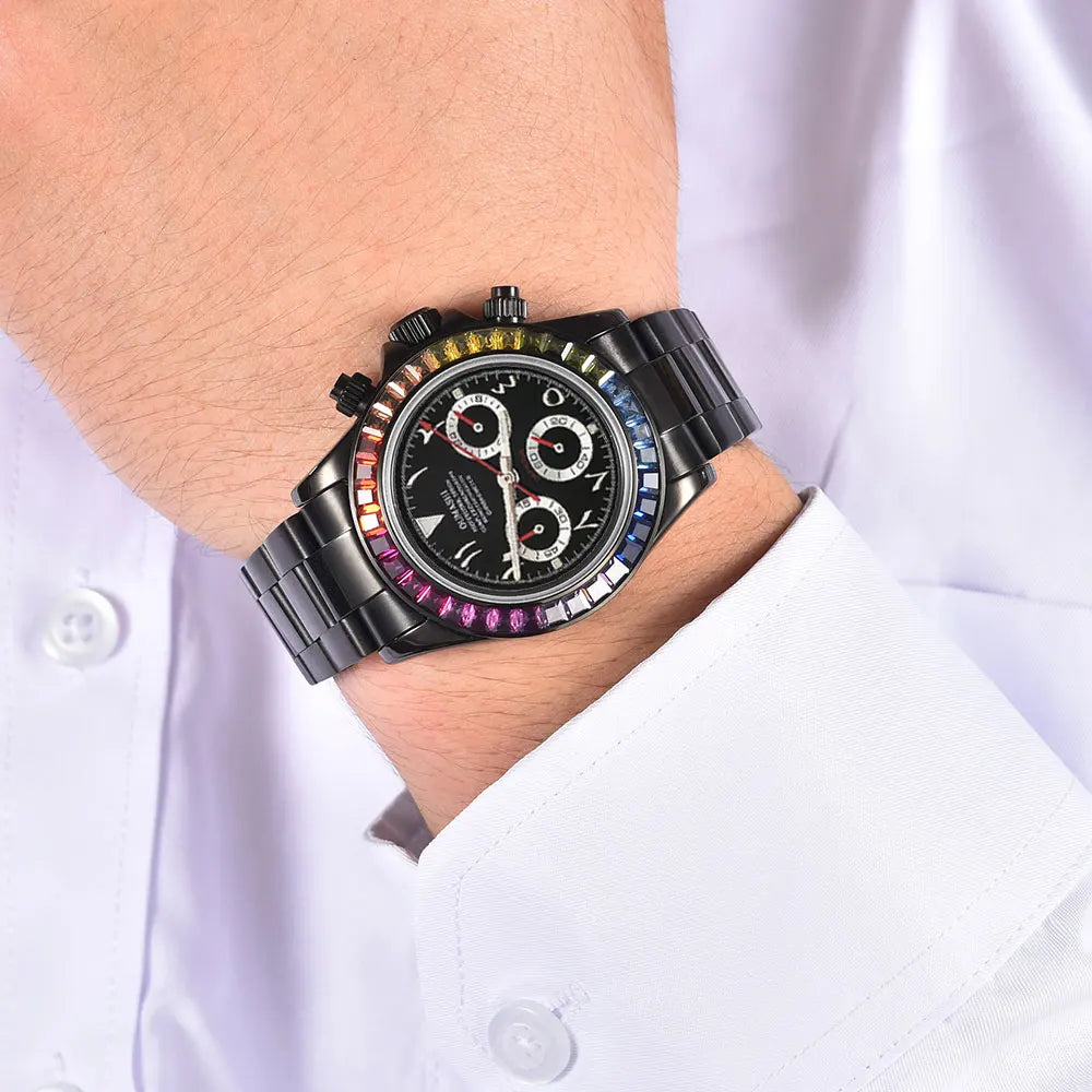 VK63 watch Rainbow Bezel Sport Watch Men Arabic Quartz Stainless Steel 10ATM Waterproof Mens Watch VK63 Sapphire Chronograph