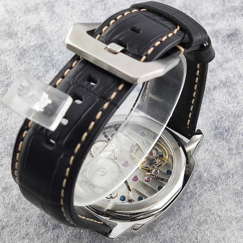 46mm men's hand mechanical ST3600 movement double needle sapphire glass waterproof and intensely luminous leather strap