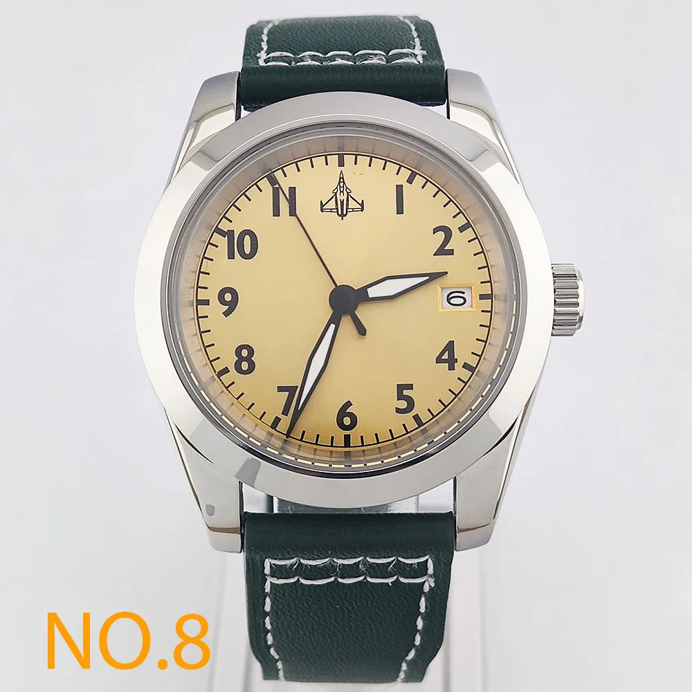 39mm Men's Business Watch NH35A 10bar Automatic Dive Pilot Men's Watch sapphire Glass dial Multicolor leather strap Spiral crown