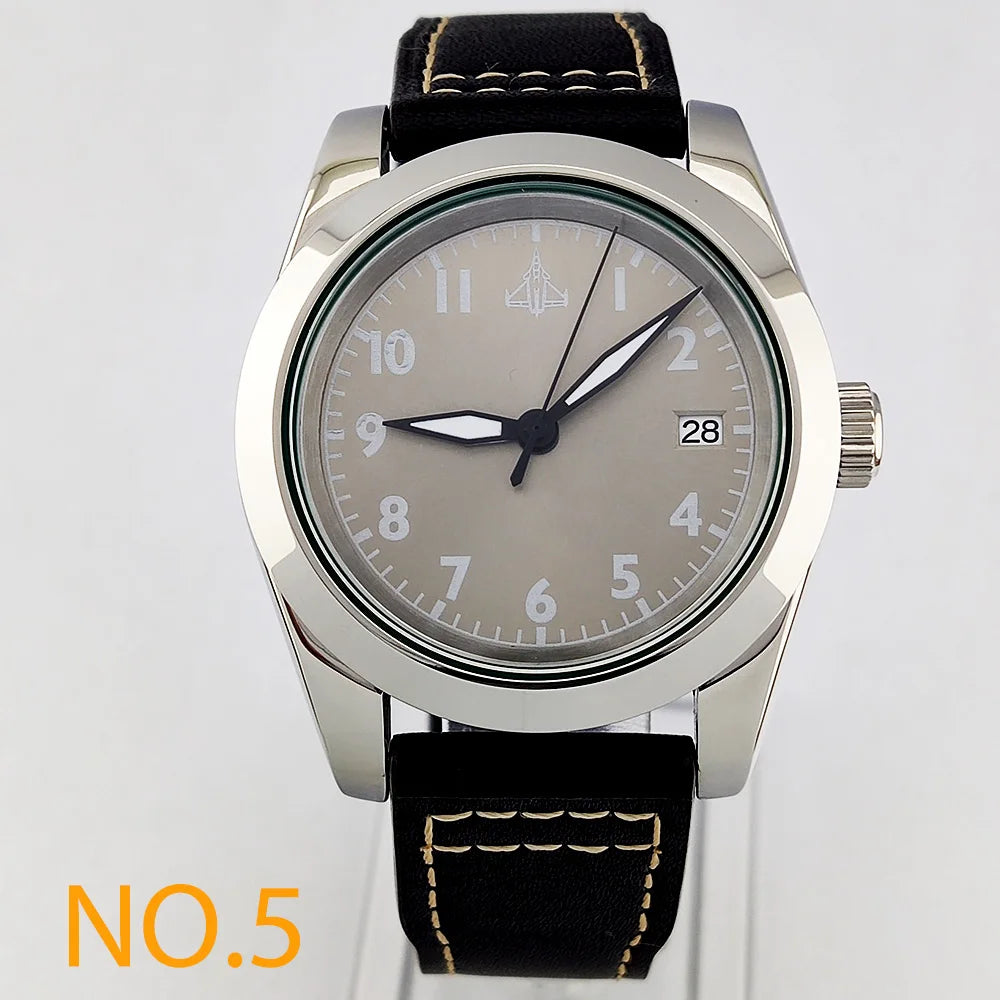 39mm Men's Business Watch NH35A 10bar Automatic Dive Pilot Men's Watch sapphire Glass dial Multicolor leather strap Spiral crown
