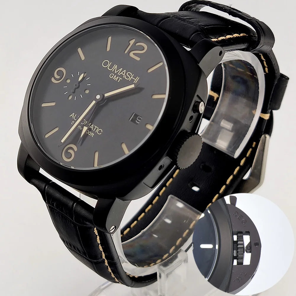 ST2557 Movement watches 45mm Men's watch GMT Stainless Steel case Men's Vintage Mechanical Watch sapphire glass leather bracelet