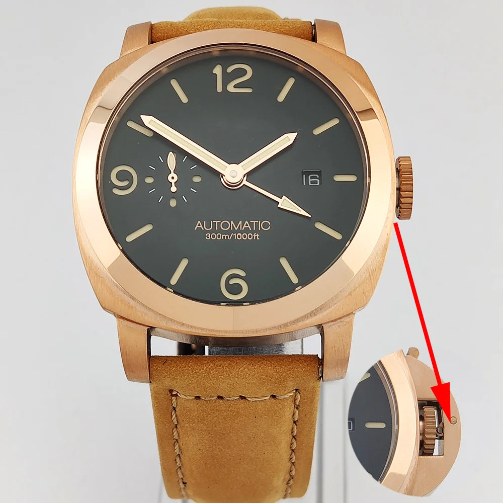 ST2557 Movement watches 45mm Men's watch GMT Stainless Steel case Men's Vintage Mechanical Watch sapphire glass leather bracelet