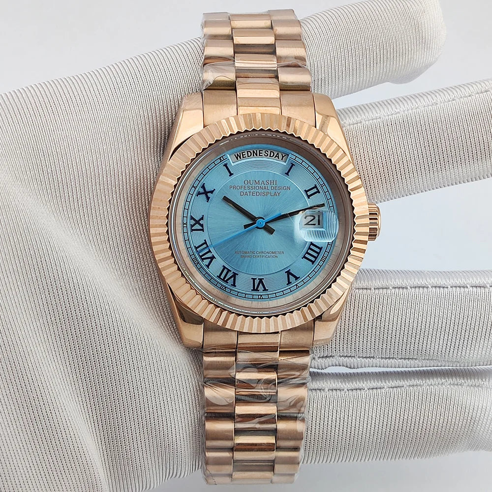 39mm OUMASHI WATCH men's mechanical watch sky blue Roman dial luxury automatic watch men's Japan MIYOTA 8285 sapphire crystal