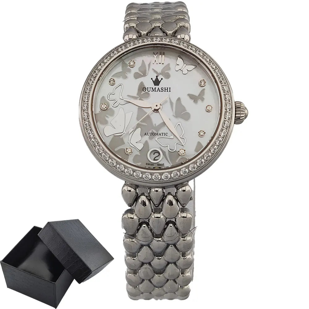 Women's Wristwatch Automatic Mechanical Watch Women Diamond Calendar Dial Stainless Steel Waterproof Luminous Elegant Butterfly