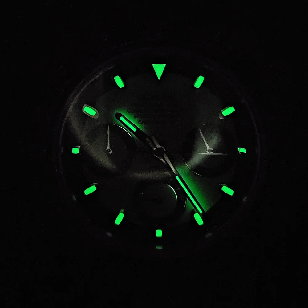 Men's Sports Quartz WatchVK63 Chronograph Sapphire Glass Intense Stainless Steel Green Luminance Waterproof  10BAR Velcro strap